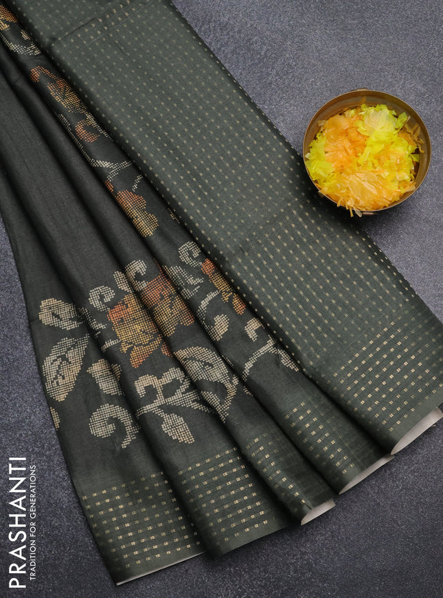 Semi tussar saree sap green with floral prints and zari woven pallu