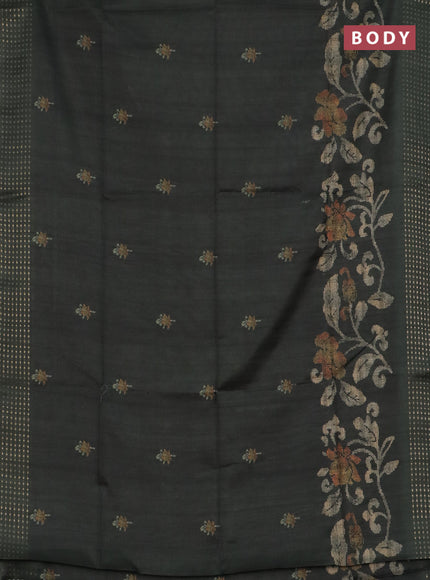 Semi tussar saree sap green with floral prints and zari woven pallu
