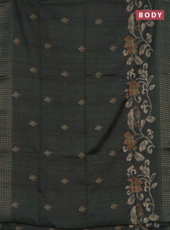Semi tussar saree sap green with floral prints and zari woven pallu