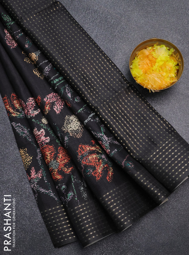 Semi tussar saree black with floral prints and zari woven pallu
