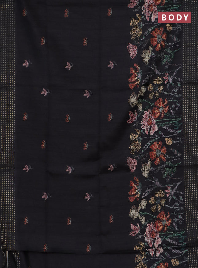 Semi tussar saree black with floral prints and zari woven pallu