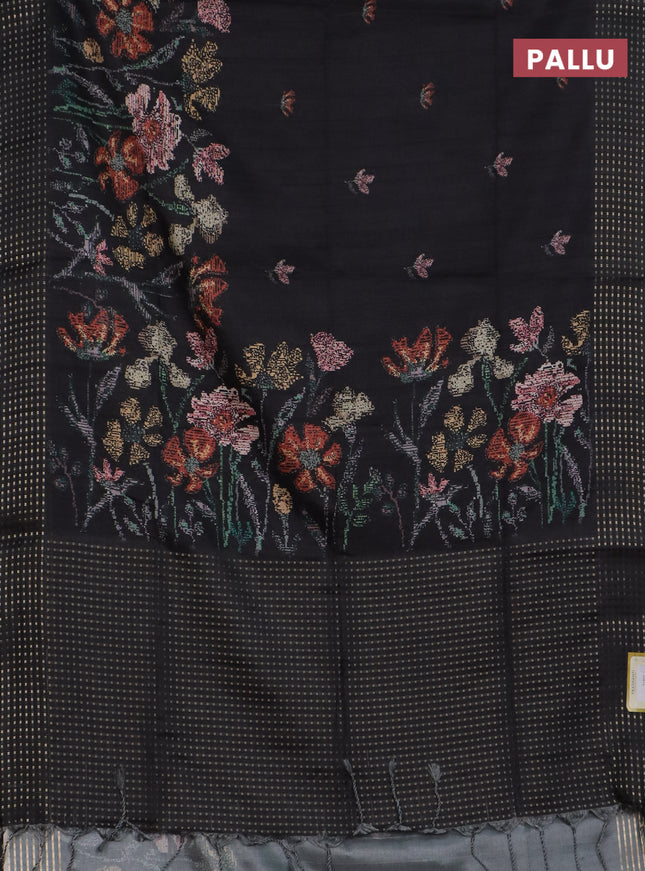 Semi tussar saree black with floral prints and zari woven pallu