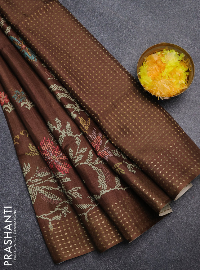 Semi tussar saree brown with floral prints and zari woven pallu