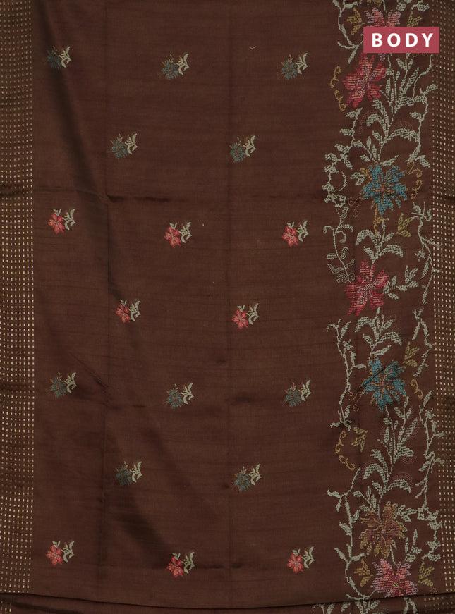 Semi tussar saree brown with floral prints and zari woven pallu