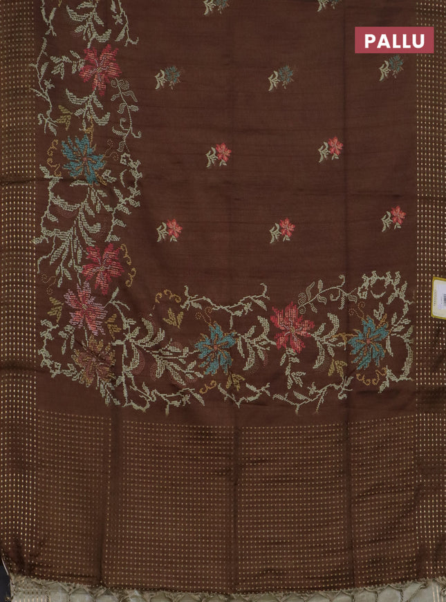 Semi tussar saree brown with floral prints and zari woven pallu