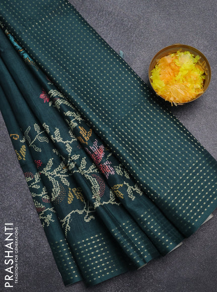 Semi tussar saree green with floral prints and zari woven pallu