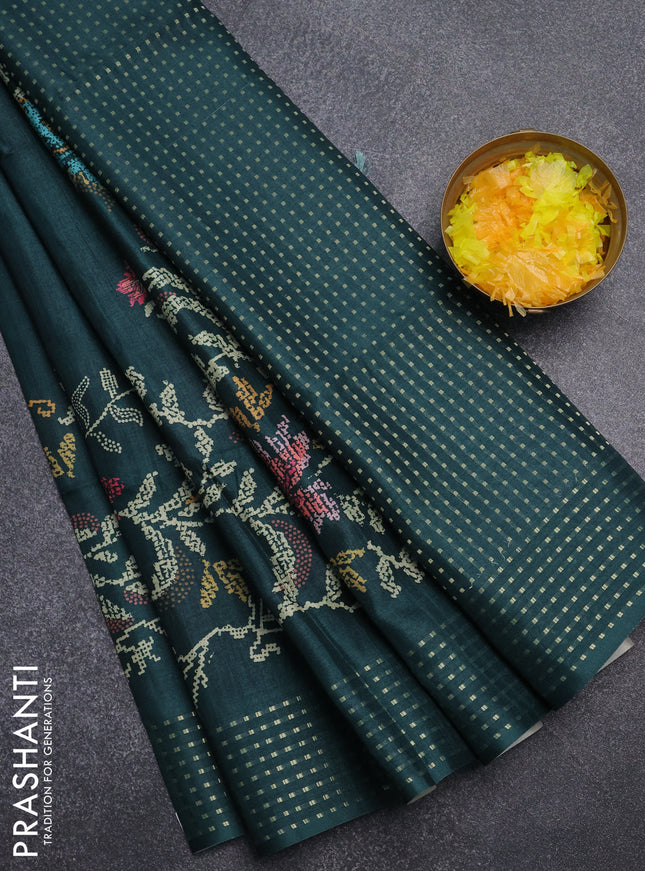 Semi tussar saree green with floral prints and zari woven pallu