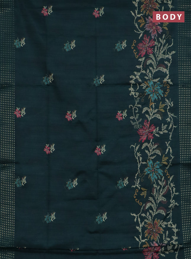 Semi tussar saree green with floral prints and zari woven pallu