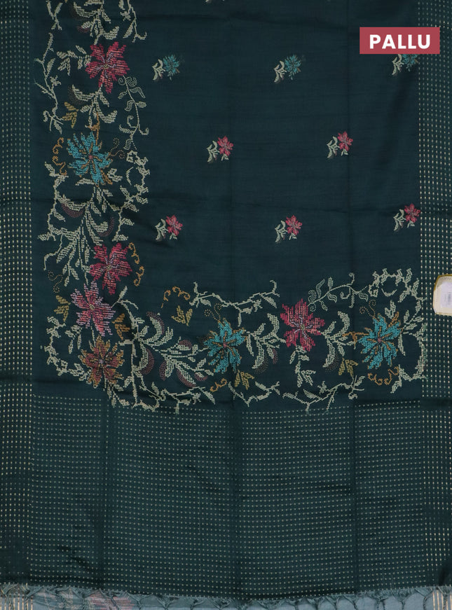 Semi tussar saree green with floral prints and zari woven pallu