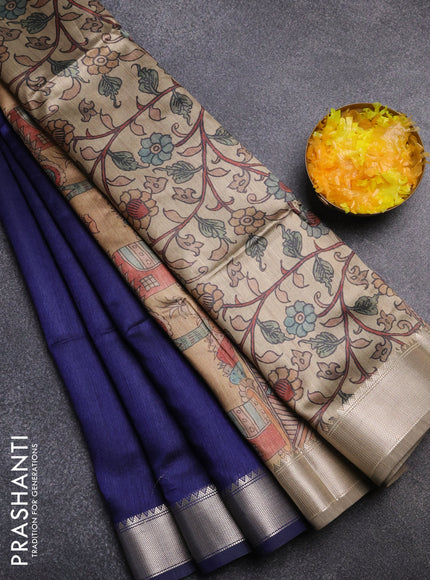 Semi dupion saree navy blue and beige with plain body and kalamkari printed pallu