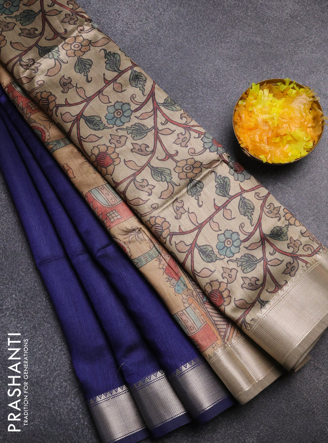 Semi dupion saree navy blue and beige with plain body and kalamkari printed pallu