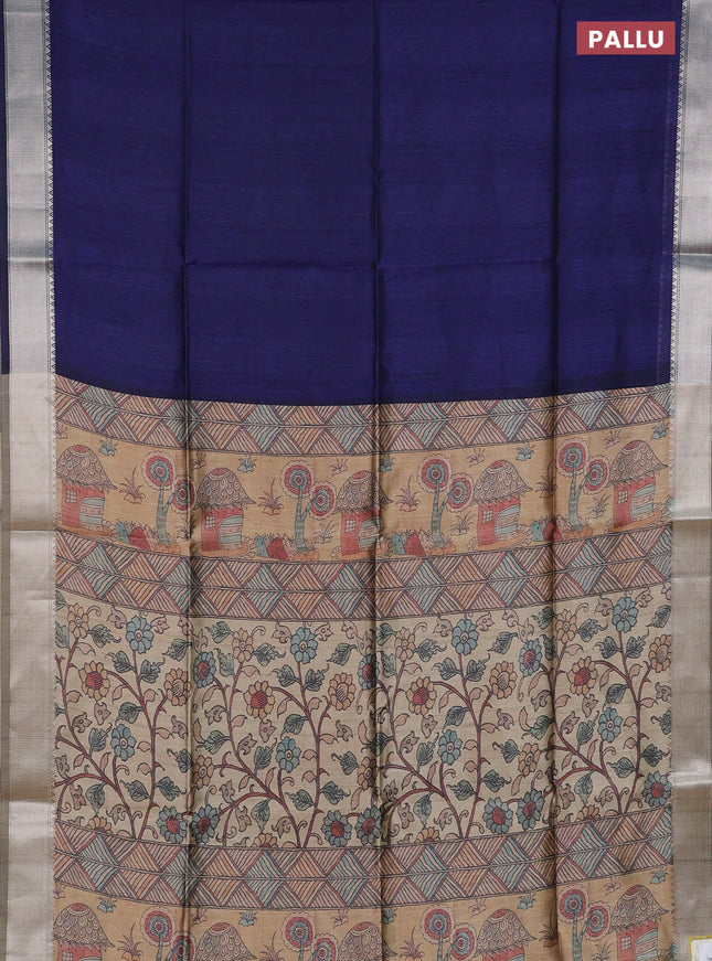 Semi dupion saree navy blue and beige with plain body and kalamkari printed pallu