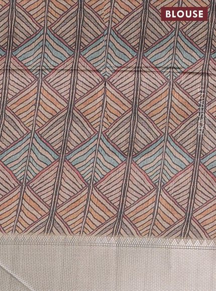 Semi dupion saree navy blue and beige with plain body and kalamkari printed pallu