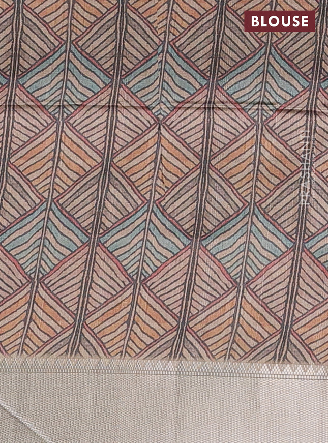 Semi dupion saree navy blue and beige with plain body and kalamkari printed pallu