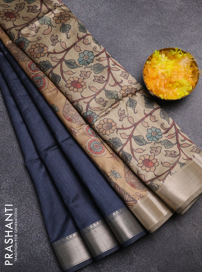 Semi dupion saree grey and beige with plain body and kalamkari printed pallu