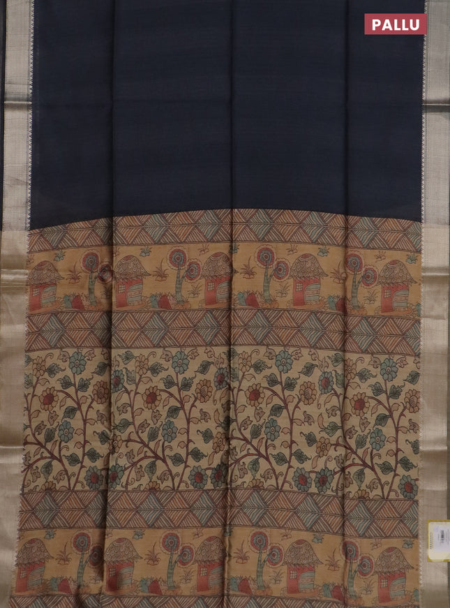 Semi dupion saree grey and beige with plain body and kalamkari printed pallu
