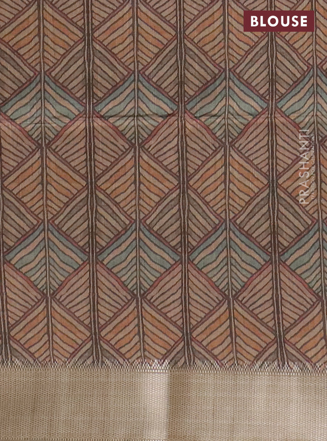 Semi dupion saree grey and beige with plain body and kalamkari printed pallu