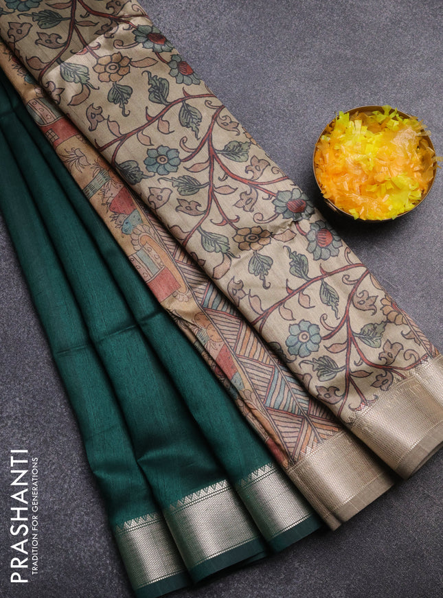 Semi dupion saree dark green and beige with plain body and kalamkari printed pallu