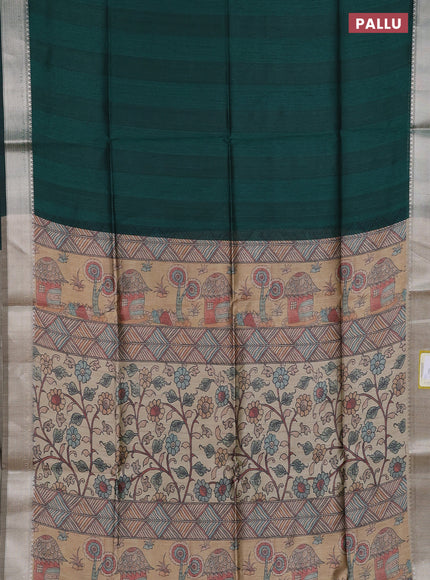 Semi dupion saree dark green and beige with plain body and kalamkari printed pallu
