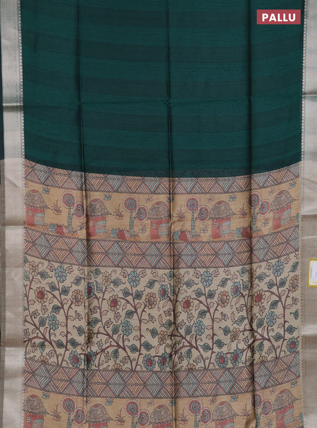 Semi dupion saree dark green and beige with plain body and kalamkari printed pallu
