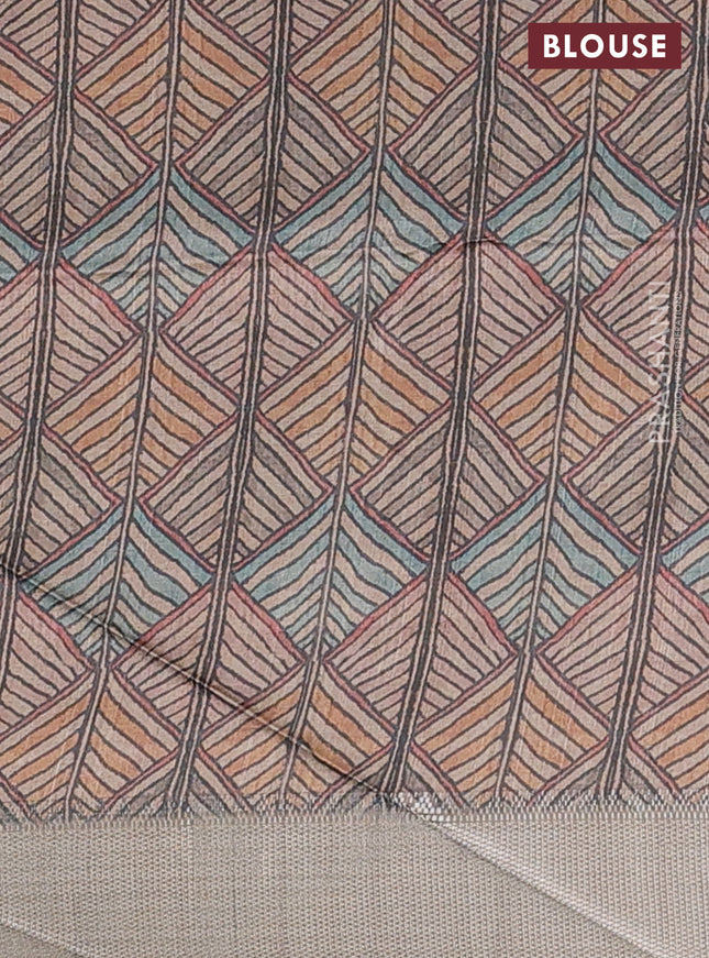 Semi dupion saree dark green and beige with plain body and kalamkari printed pallu