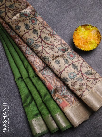 Semi dupion saree green and beige with plain body and kalamkari printed pallu