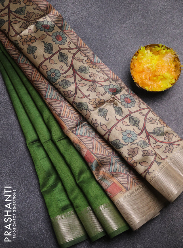 Semi dupion saree green and beige with plain body and kalamkari printed pallu