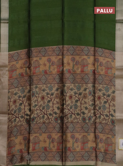Semi dupion saree green and beige with plain body and kalamkari printed pallu