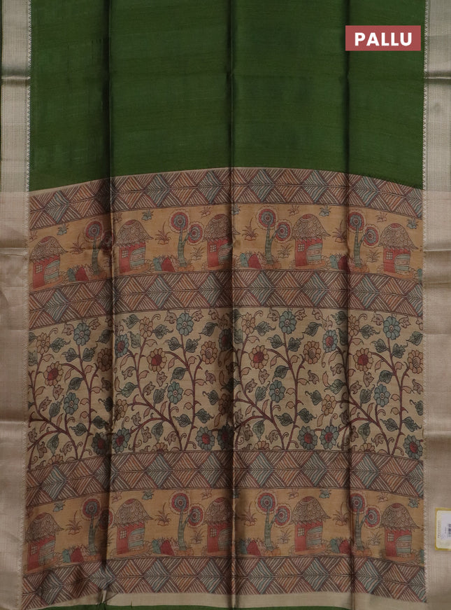 Semi dupion saree green and beige with plain body and kalamkari printed pallu