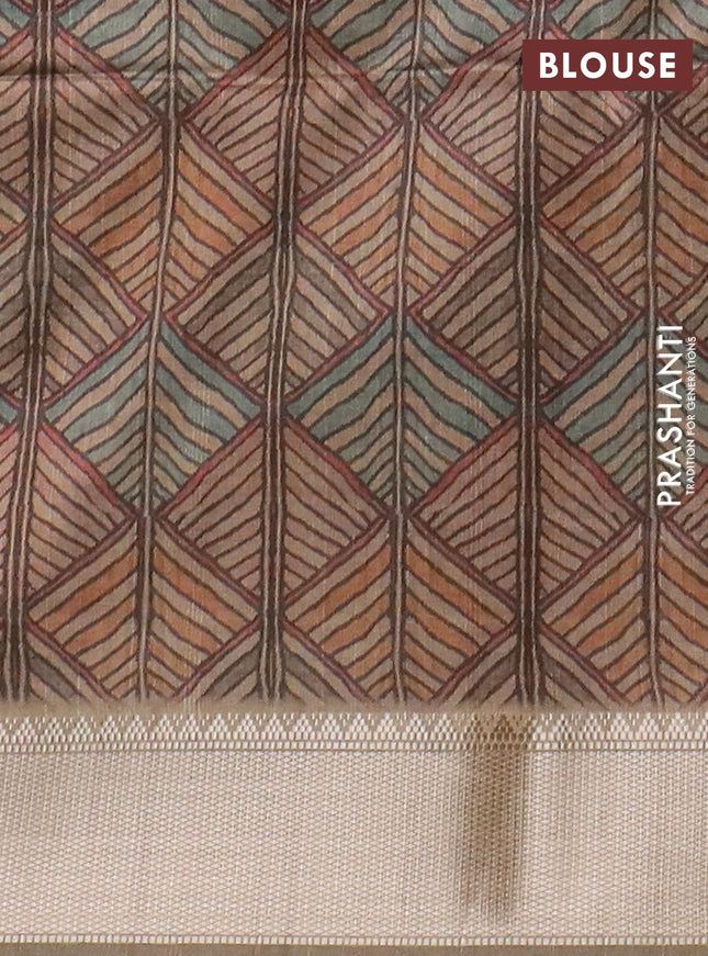 Semi dupion saree green and beige with plain body and kalamkari printed pallu