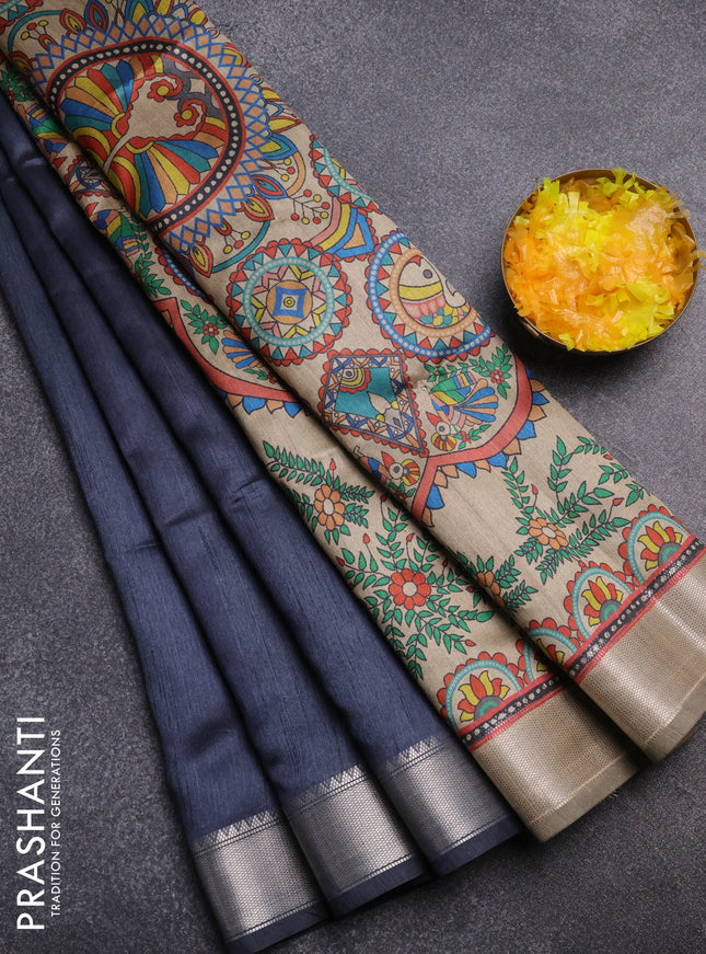 Semi dupion saree grey and beige with plain body and kalamkari printed pallu