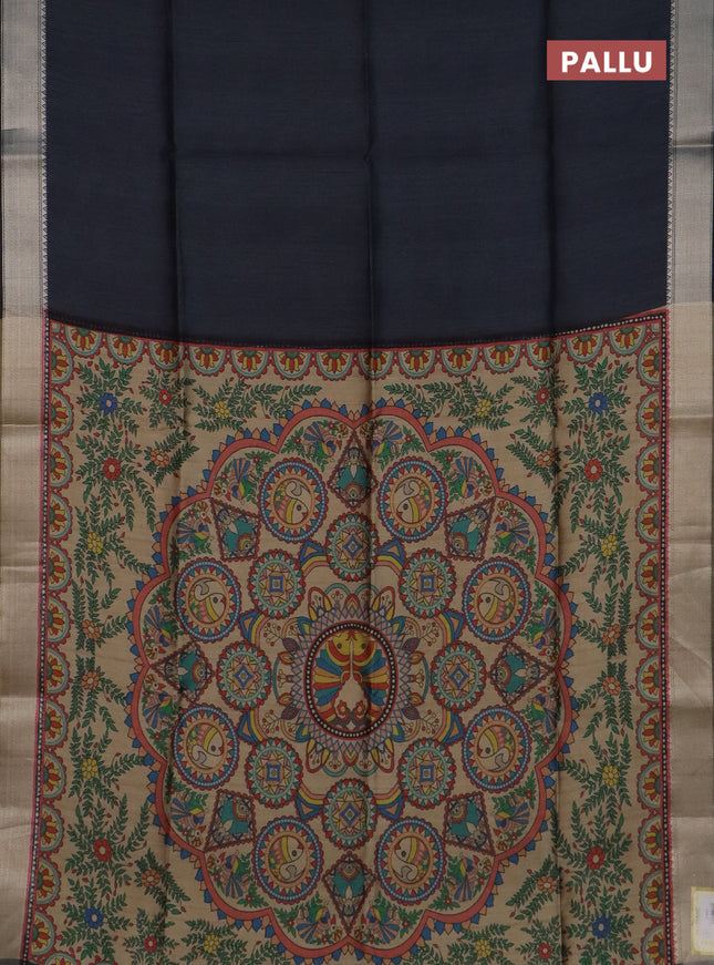 Semi dupion saree grey and beige with plain body and kalamkari printed pallu