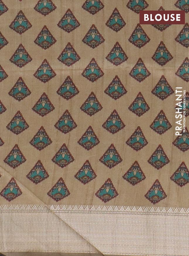 Semi dupion saree grey and beige with plain body and kalamkari printed pallu