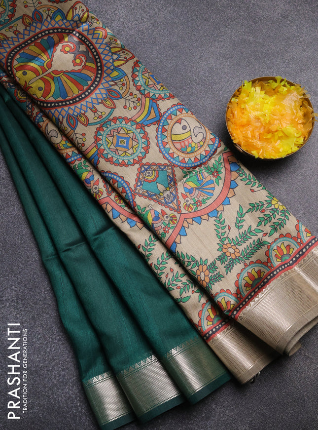 Semi dupion saree dark green and beige with plain body and kalamkari printed pallu