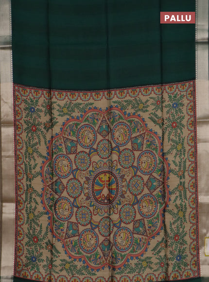 Semi dupion saree dark green and beige with plain body and kalamkari printed pallu