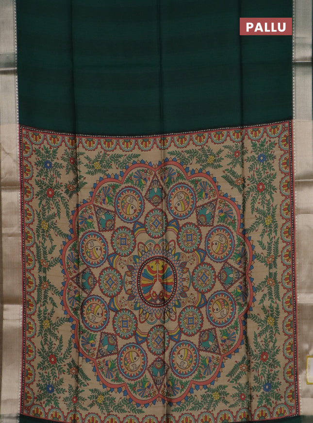 Semi dupion saree dark green and beige with plain body and kalamkari printed pallu