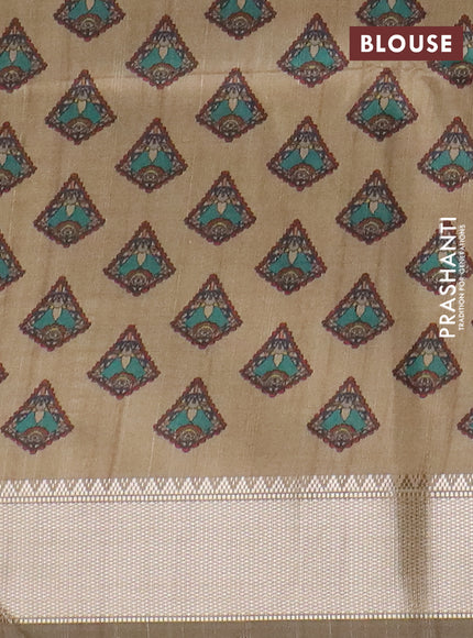 Semi dupion saree dark green and beige with plain body and kalamkari printed pallu