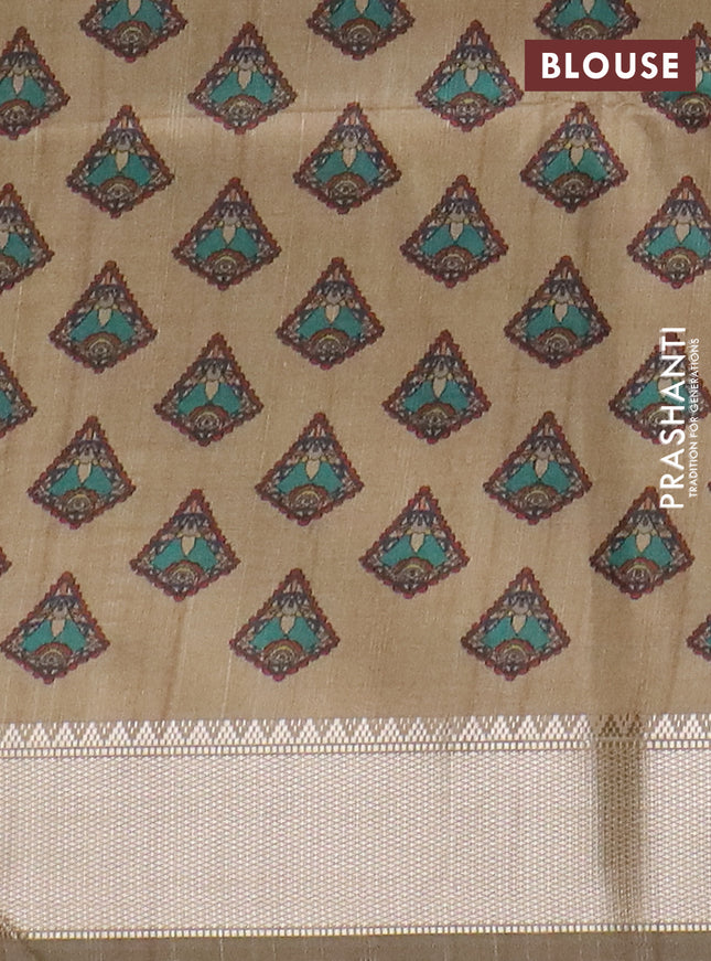 Semi dupion saree dark green and beige with plain body and kalamkari printed pallu