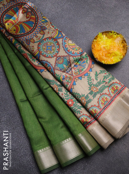 Semi dupion saree sap green and beige with plain body and kalamkari printed pallu