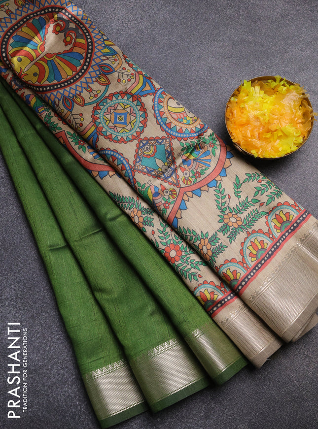 Semi dupion saree sap green and beige with plain body and kalamkari printed pallu