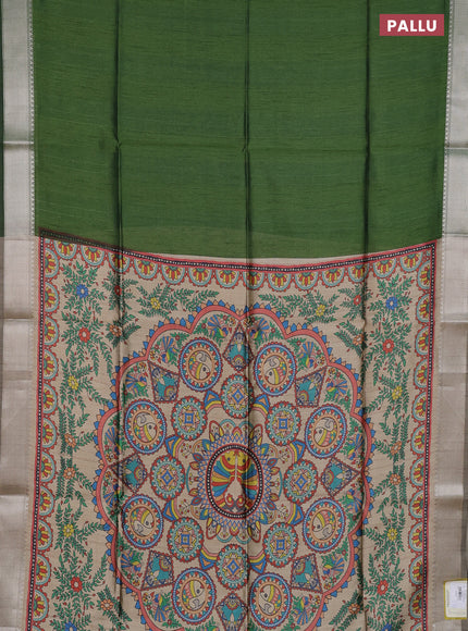 Semi dupion saree sap green and beige with plain body and kalamkari printed pallu
