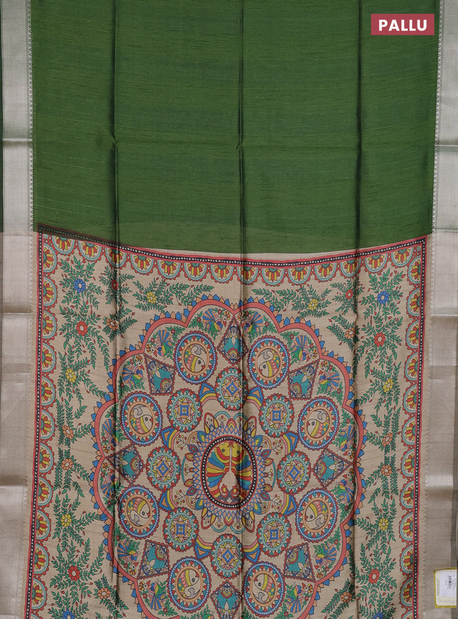 Semi dupion saree sap green and beige with plain body and kalamkari printed pallu
