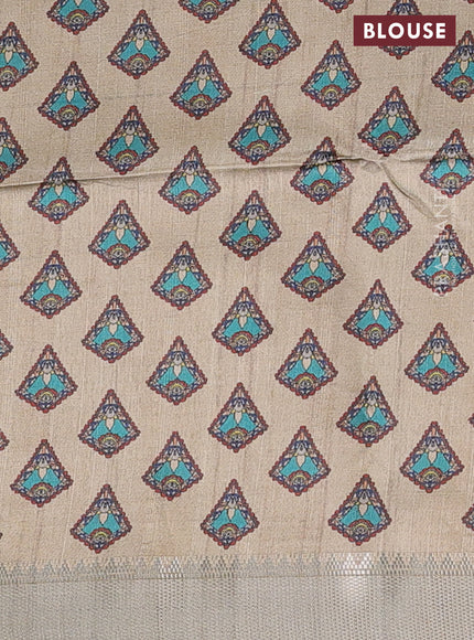 Semi dupion saree sap green and beige with plain body and kalamkari printed pallu