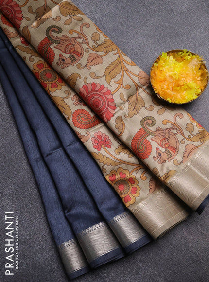 Semi dupion saree grey and beige with plain body and kalamkari printed pallu