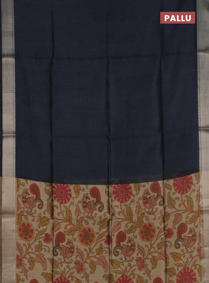 Semi dupion saree grey and beige with plain body and kalamkari printed pallu