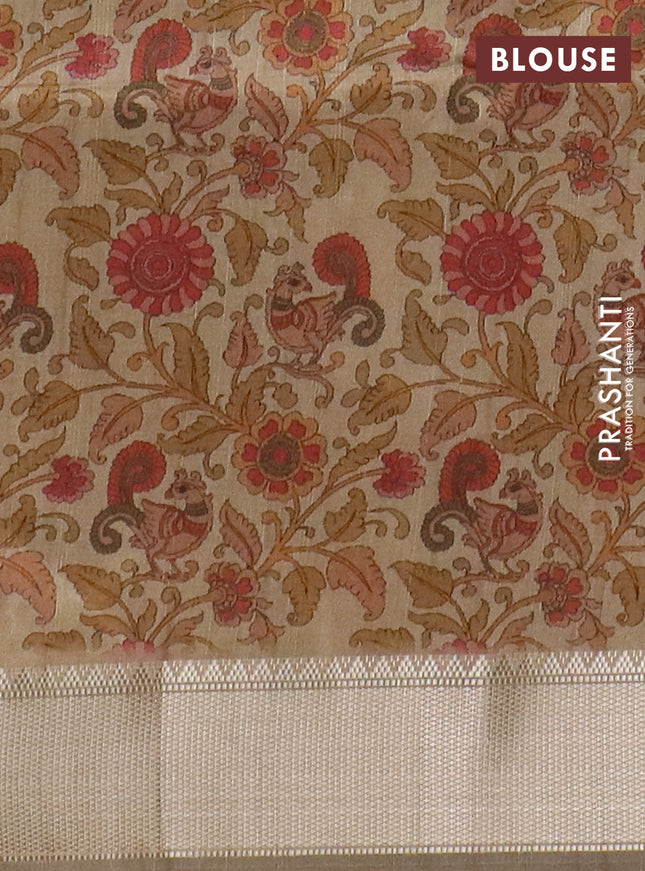 Semi dupion saree grey and beige with plain body and kalamkari printed pallu