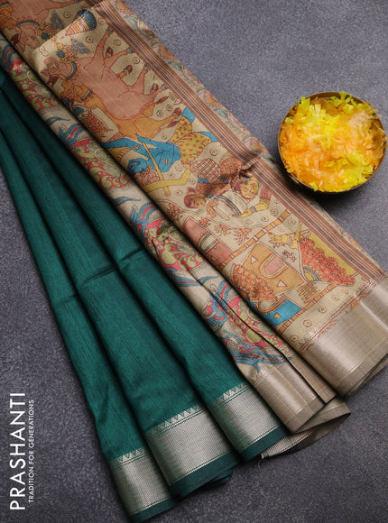 Semi dupion saree green and beige with plain body and kalamkari printed pallu