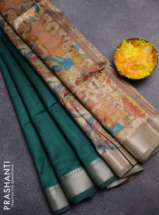 Semi dupion saree green and beige with plain body and kalamkari printed pallu