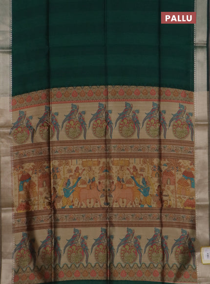 Semi dupion saree green and beige with plain body and kalamkari printed pallu