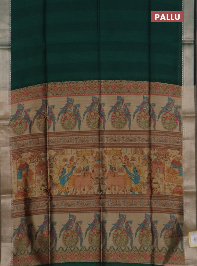 Semi dupion saree green and beige with plain body and kalamkari printed pallu